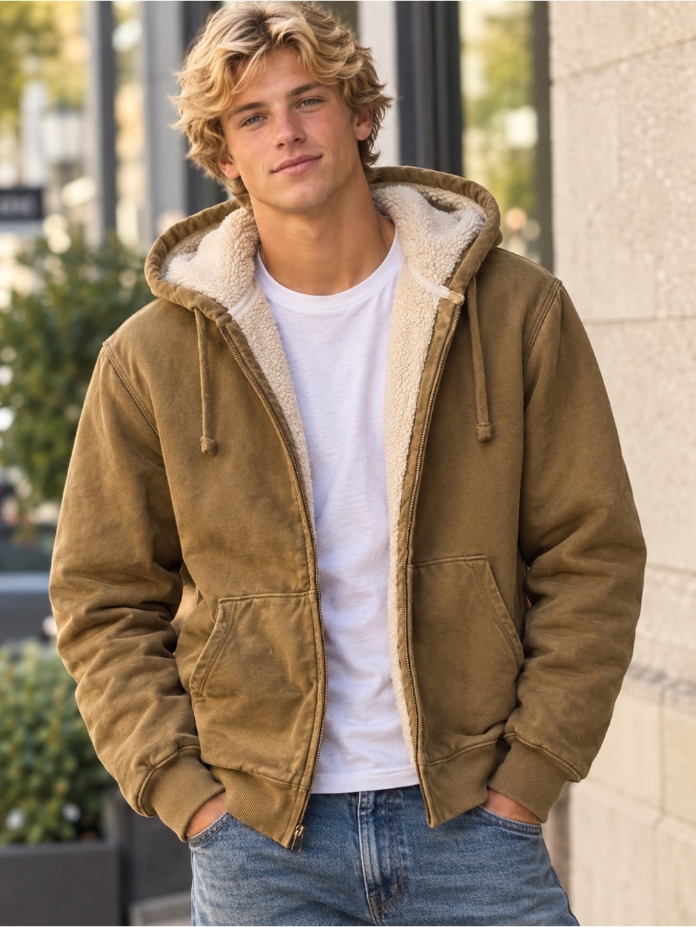 Old Navy Tan Sherpa-Lined Zip Hoodie